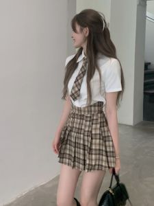 Fashionable Fitted Three-Piece Set JK Uniform School Style Summer Shirt Pleated Skirt Womens Slimming Small Suit Polyester Blend