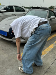 กางเกงยีนส์ทรงหลวมสไตล์วินเทจสีน้ำเงินอ่อนสไตล์ฮิปฮอปขายาวเอวกลาง กางเกงยีนส์ทรงตรงขาบานสำหรับผู้ชาย