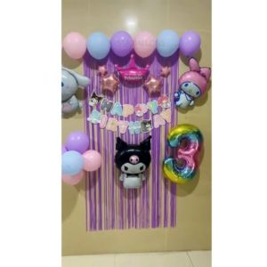 Paket Dekorasi Tema Karakter Kartun Sanrio | Set Dekorasi Balon Ulang Tahun Sanrio Kuromi My Melody Cinnamoroll Pink Putih Ungu Hitam | Paket Perlengkapan Pesta Ultah Anak