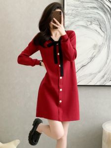 Red Knitted Dress Casual Straight Cut Sweater Dress for Women New Year Fashionable High End Small Fragrance Style Autumn Winter