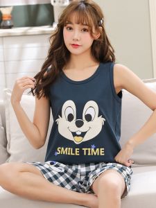 ฤดูร้อน ผู้หญิง ชุดนอน แขนกุด สั้น กางเกง พลัสไซส์ Pure ผ้าฝ้าย การ์ตูน ชุดอยู่บ้าน ใส่สบาย ระบายอากาศได้ดี Nightgown