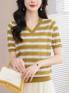 Thin Summer Clothing: Short Sleeve V Neck Ice Silk T-shirt & All-Matching Color Sweater