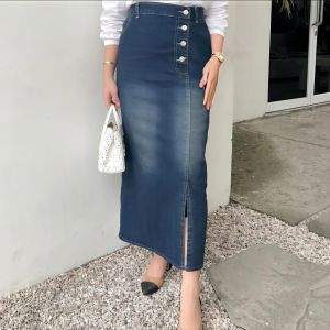 rok jeans wanita kancing belah samping strecht pinggang karet korean style denim tebal
