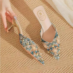 Luxury String Bead Diamond Decoration Pointed Toe High Heel Slip-On Mules Embroidery Shiny Rhinestone Slide Slippers for Women Elegant Wedding Bridal Shoes