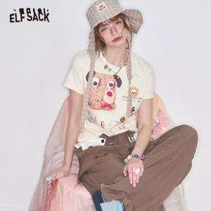 ELFSACK เสื้อยืดแขนสั้นเข้ารูปพิมพ์ลายลูกสุนัข Y2K 2025สินค้าเข้าใหม่ฤดูใบไม้ผลิเสื้อครอปอเนกประสงค์