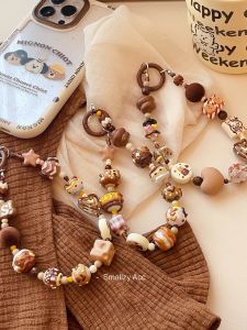 Niche Style Original Coffee Color Series Hand-Painted Beads Cute Bear Heart Beaded Mobile Phone Charm Handbag Pendant Lovely Key Buckle