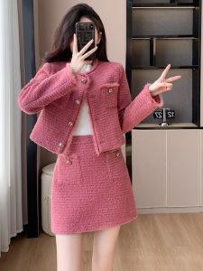 Thickened Pink Wool Classic Style Two-piece Set Womens Deep Winter Clothes Matching a Set of Furry Coat Skirt Outfit