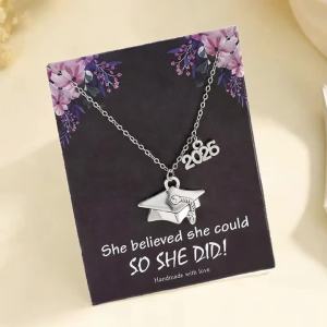 18k Gold Plated Stainless Steel Class Of 2026 Graduation Cap Pendant Necklace For Women Men With Card Gifts
