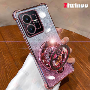 Luxury Four Thickened Corner Plating Phone Case For VIVO Y22/Y22S Deluxe Glitter With Rotating Gyroscope Stand Magnetic Bracket Shockproof Clear TPU Soft Phone Back Cover NSF02