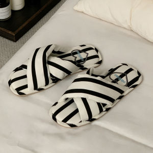 XIXITIAO | Korean Style Striped Cross Luxury Year-Round Home Cotton Slippers