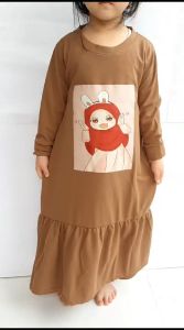 BAJU GAMIS ANAK PEREMPUAN PAKAIAN MUSLIM  UMUR 1-10 TAHUN KAKI KERUT PRINTING KERUDUNG PITA