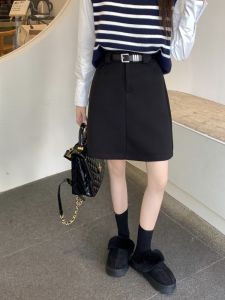 High Waist A-Line Mini Skirt Womens Autumn Winter Longened Midi Skirt American Retro Style Short Skirt plus Size Brown Texture