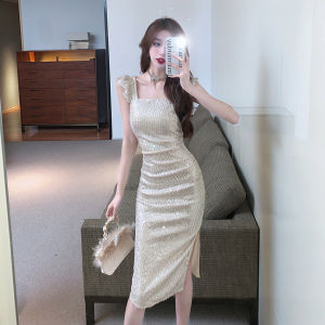 Socialite Temperament Entry Lux Socialite Sequin off-Neck Tight Waist Slim Looking Design Split Fancy Dress Dress Fashion
