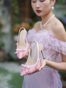 Sweet Floral Butterfly Knot High Heels Fashionable Small Size Summer New Style Womens Sandals Head Covering Lilywei NN-980
