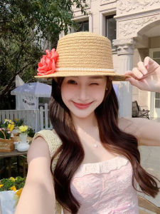 Summer Beach Vacation Floral Flat Top Straw Hat Pearl Embellished French Style Sunshade Hat Elegant Outfit Accessory for Women