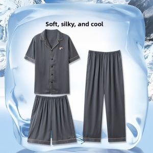 miiow | Mens Summer Sleepwear Ice Silk Thin Short Sleeve Home Clothes Three-Piece Set Comfortable Lightweight Polyester Elastic Fiber