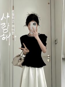 Summer Fashion plus Size Womens Set Korean Style Waist Cinched Top Half Skirt Two Piece Ensemble Soft Gentle High End