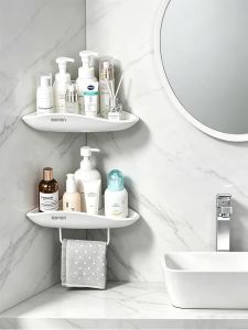 Triangular Space-Saving Suction Cup Bathroom Storage Shelf No Drilling Required Multifunctional Storage Organizer with Towel Bar