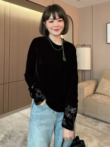 plus Size round Neck Velvet Loose Black Base Top Womens Early Autumn New Style Slimming T-Shirt Chinese National Style