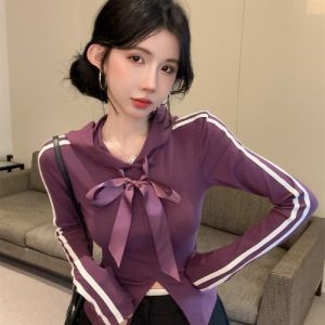 GUZILIAN | Sporty Long Sleeve T-Shirt Womens Spring Autumn Pure Desire Spicy Girl College Style Butterfly Knot Stripe Base Shirt Split