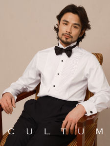 Cultum One Day French Cuff Wing Collar Formal Shirt Mens Long Sleeve Accordion Pleat Dress Shirt Business Gentleman Style