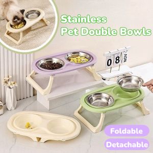 Pet Bowl Stainless Steel Double Bowl High Foot Neck Protection Cat Anti-overturning Foldable Bowls