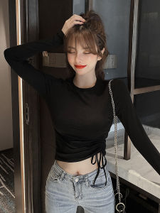Áo Thun Nữ Tay Dài Cạp Cao Hở Bụng Thiết Kế Thu Đông Không Đều Có Dây Rút Bên Trong Màu Đen Áo Sơ Mi Nữ