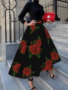 Printed Design suitable for all four seasons Red Roses On Black Background resort style elegant style womens half skirt