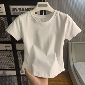 Slim Fit Pure Cotton Short Sleeve T-Shirt Womens Summer New Style Simple White T-Shirt Waist Cinching Slimming Base Shirt Trendy Top