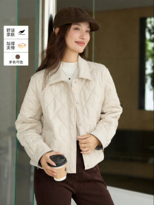 Vimly | Vintage Turn-Down Collar Apricot Grid Padded Coat