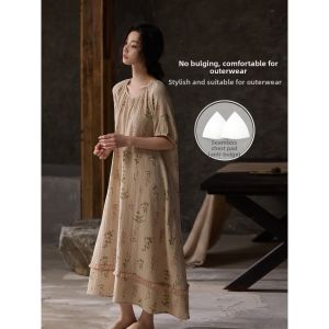 Short Sleeve Long Night Dress Pure Cotton Breast Pad Cool Sensation
