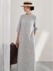 Retro Summer Cotton Linen Printed Dress for Women Loose Fit Long Sleeve Midi Skirt with Single Row Buckle