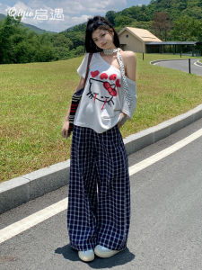 Loose Wide Leg Pants Womens Plaid Straight Casual Trousers High Waist Long Polyester Cotton Blend Breathable Autumn New