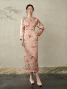 JK&JS | Elegant Cheongsam Style Silk-blend Dress Long