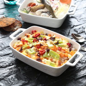 Exported to UK Lead-Free Pure White Ceramic Ovenware Rectangular Oven Cutlery Tray Baking Pan Baking Cheese Western Cuisine Plate