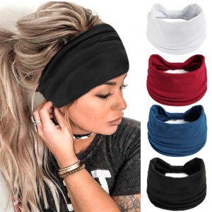 Wide Boho Headbands for Women Bandana Non Slip Knotted Hairbands Elastic Sport Workout Headwraps(4PCS)