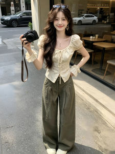 XUECAIQI | Korean Style Puff Sleeve Shirt and Wide Leg Pants Two-Piece Set