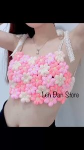 Áo len hoa handmade móc thủ công hoa len ghép màu hồng đính hạt trai