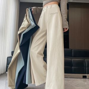 2025 New Spring Summer Wash Cotton Loose Womens Wide Leg Full Pants High Waist Solid Female Elegant Straight Casual Trousers