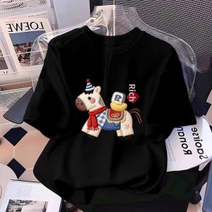 SUSHOUWANGE | Cartoon Rich Horse Print Short Sleeve T-shirt Oversized versatile trendy Almond Color