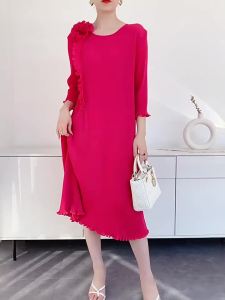 L-976F# One Size (45-75kg) Spring/Summer WomenS Plate Flower Solid Color New Mid-Length Pleated Dress