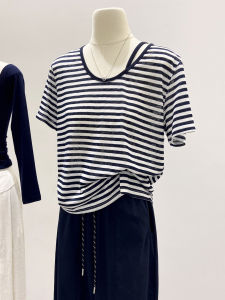 Fashionable U-Neck Rayon Short Sleeve Womens Summer Casual Lazy Style Top Thin Shoulder Stripe T-Shirt Korean Style Thin Material