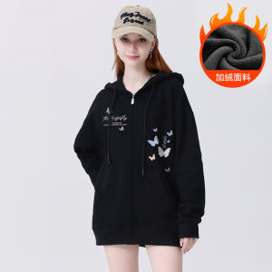 Áo Khoác Cardigan Trùm Đầu Rộng Rãi Màu Đen Có Khóa Kéo Cho Nữ Mùa Thu Đông Thường Ngày Bằng Cotton Phong Cách Đường Phố