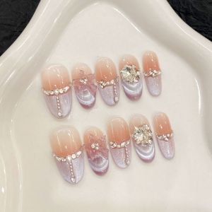 10pcs Light Luxury Handmade Press On Nails Clitter Gold Cats Eye French Tips False Nails Glossy Almond Rhinestone Fake Nail