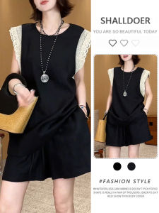 Shalldoer | Casual Lace Trimmed Sleeveless Top And Shorts Set Womens Summer Fashion Ensemble Short Length Bottoms Round Neck Design