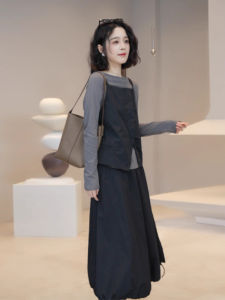 Casual Salt System Womens Three-Piece Set Slimming Vest Half Skirt Shirt Early Autumn New Style Commute Korean Version Long Sleeve A-Line Dress