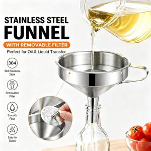 NEW Wide Mouth 304 Food Grade Stainless Steel Funnel Set With Handle Household Kitchen Tool For Honey Jam Oil Liquid Transfer