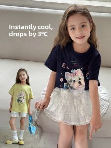 Cute Sweet Summer New Style Childrens T-shirt Short Sleeve Butterfly Knot Dog Print Top for Girls Comfortable Cotton Blend