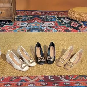 [CF] Wedding For Bride Close Shoes with Heels Soft Leather Block Heels Square Toe Korean Close Shoes for Women