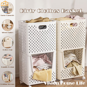 รถเข็นการจัดเก็บของเบ็ดเตล็ด Rak Penyimpanan Baju สกปรกเคลื่อนย้ายได้มีตะกร้าผ้าพับ1/2ชั้นรถเข็นใส่เสื้อผ้าสำหรับใช้ในครัวเรือนห้องน้ำสกปรกความจุเยอะ